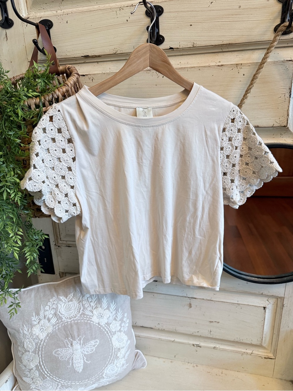 Joie Cream Crochet Sleeve Cotton Tee